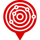 Red abstract symbol with concentric circles.